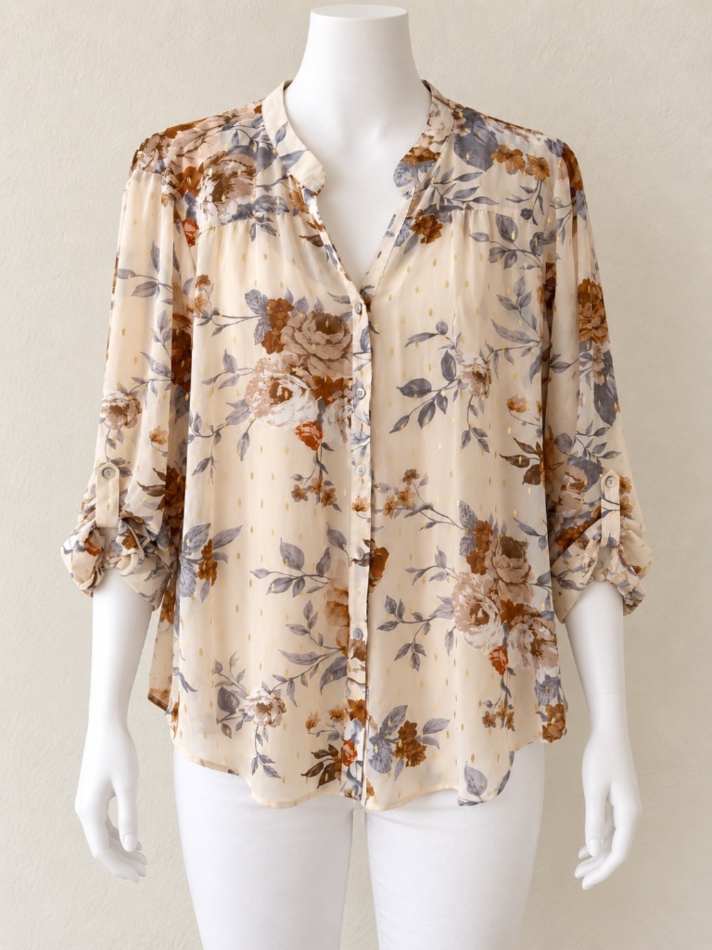 Hope Springs XXL Ivory Floral Gold Metallic Sheer Button Front Blouse + Camisole